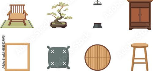 Minimalist home decor furniture set with chair bonsai lamp cabinet frame cushion tray and stool, flat vector