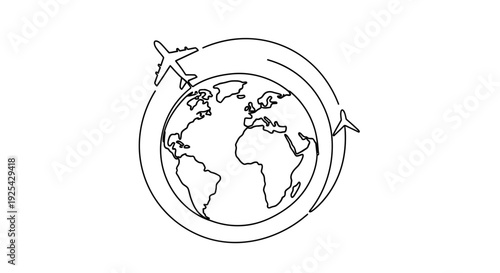 Airplane flying around the Earth, global travel and tourism concept, line art illustration