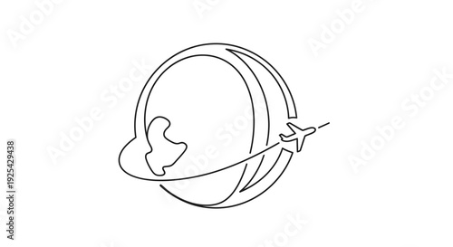 Airplane Flying Around Globe, World Travel, Global Connectivity, Continuous Line Art