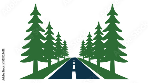 Minimalist roadway through lush green forest - vector illustration