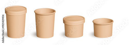 Paper ecological packaging for food. Vector realistic isolated set of eco cups or containers for prepared meal to go, beverages and drinks. Mugs with caps for keeping liquid hot. Biodegradable lids