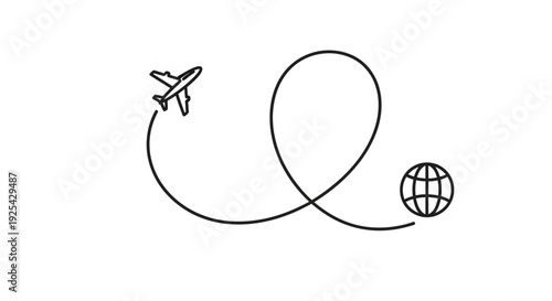 Airplane flying around the globe on a dotted line route, symbolizing travel and global connection.