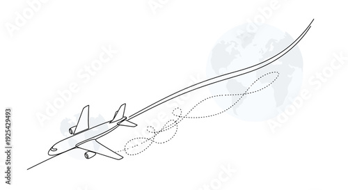 Airplane Flying Around the Globe with a Dotted Line Trail