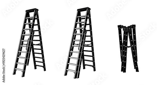 Versatile Ladder Collection: Open A-Frame, Tall Straight, and Folded Compact