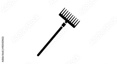 Black silhouette of a garden rake on a white background, isolated object.