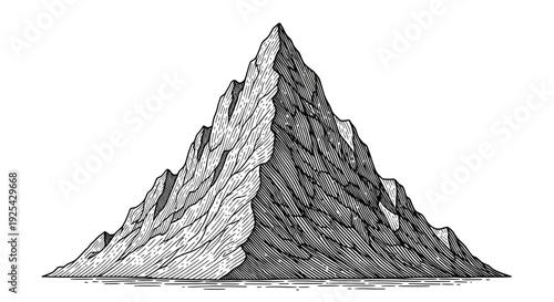 Vintage Engraving of a Majestic Mountain Peak, Dramatic Rocky Summit, Black and White