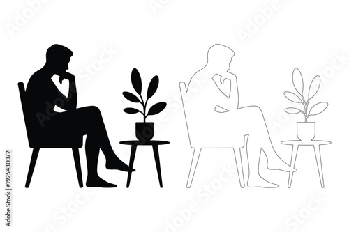 Thoughtful Man Silhouette Sitting in Chair with Plant