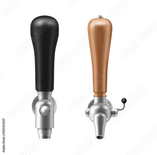 Stainless steel beer tap with handles. Vector isolated set of faucets. Pouring alcohol beverages metal devises with wooden grips. Bar equipment, draft systems or pub interiors elements