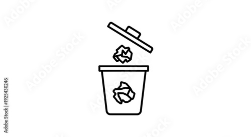 Recycling bin with crumpled paper, waste disposal and eco-friendly symbol