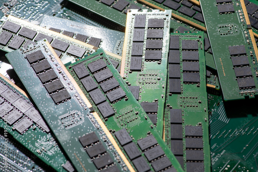 Fototapeta premium Server memory on circuit board. Workstation memory for data centers. RAM memory modules for speed increase. Workstation memory.