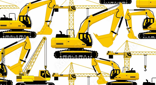 Seamless pattern with yellow excavators and cranes on a white background