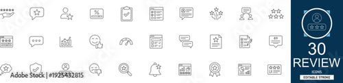 Review line icon set with 36 icons: review, feedback, rating, customer, testimonial, star, opinion, satisfaction. Clean linear vector, editable stroke for business and web projects.
