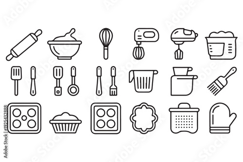 Baking tools and kitchenware icons featuring rolling pin mixing bowl electric mixer measuring cup baking tray oven mitt and pastry brush