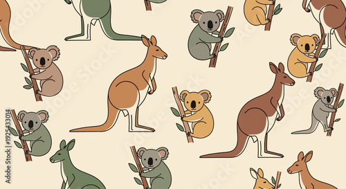Seamless pattern with hand drawn kangaroos and koalas on a light background