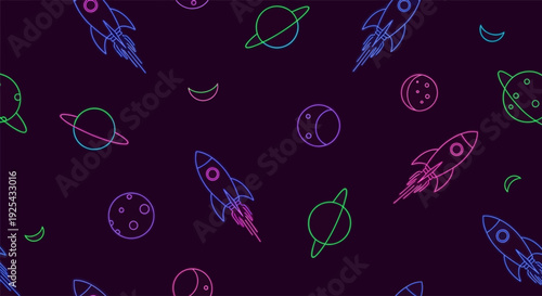 Seamless neon space pattern with colorful rocket ships and planets on a dark background
