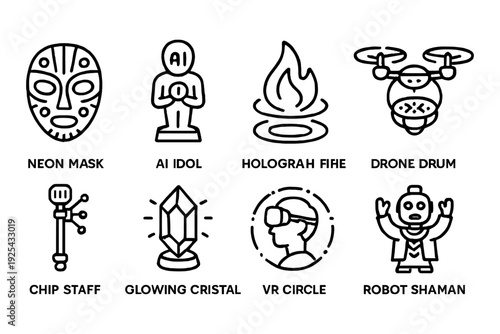 Futuristic icons set featuring ai idol, neon mask, and more technological symbols