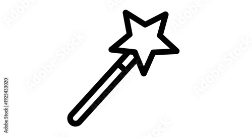 Simple black line icon of a magic wand with a star tip isolated on white background