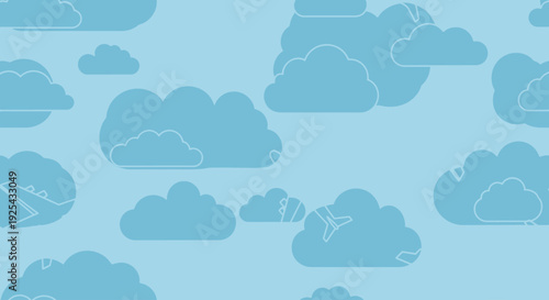 Blue seamless pattern of clouds and airplanes in the sky