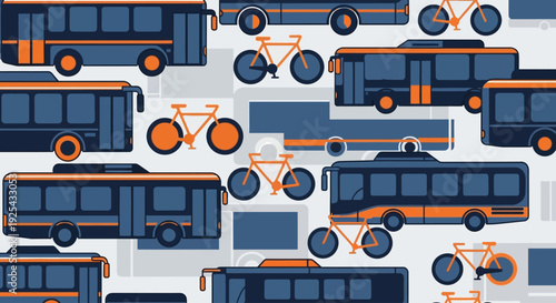 Flat vector illustration of an urban transport pattern with buses and bicycles.