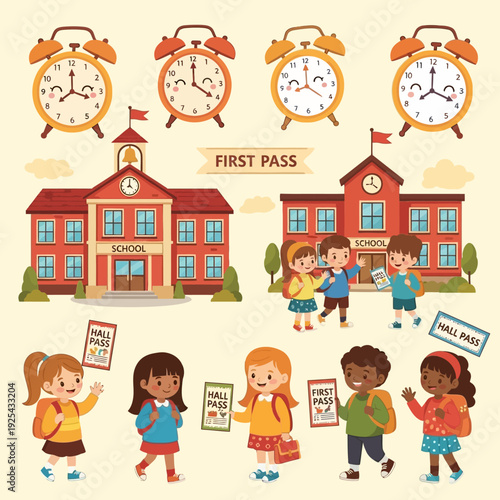 Back to School vector illustration set featuring diverse children, school buildings, alarm clocks, and hall passes for education