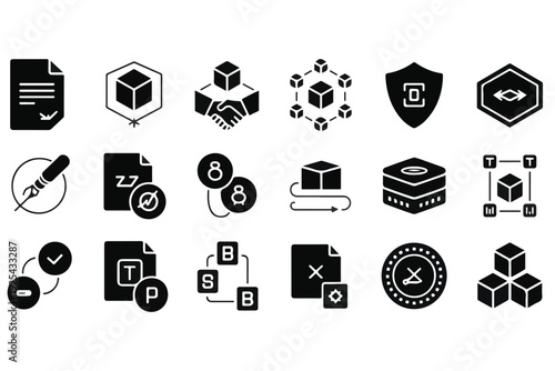 Blockchain technology and digital asset icons collection featuring cryptocurrency mining smart contracts decentralized finance data security
