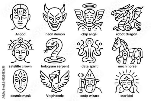 Futuristic icons: mythical and tech-inspired linear symbols