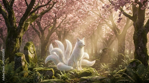 Magical Nine Tailed Fox Resting In Ethereal Sakura Forest