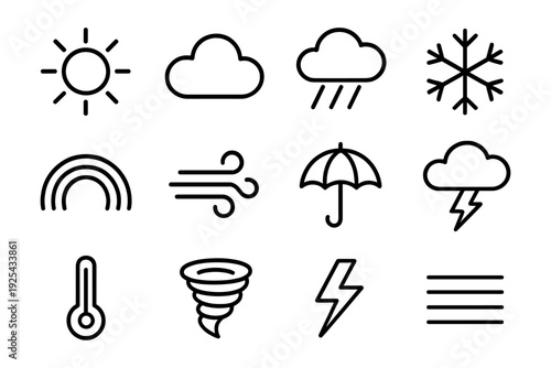 Minimalist weather icons: sun, cloud, rain, snow, rainbow, wind, umbrella, thunder