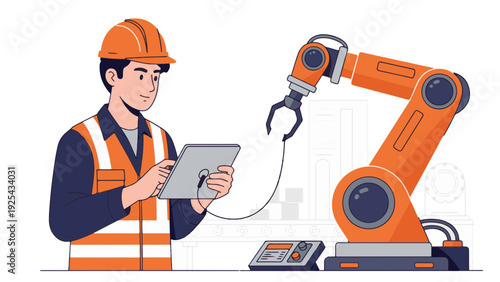 Engineer Operating Industrial Robotic Arm Machine.