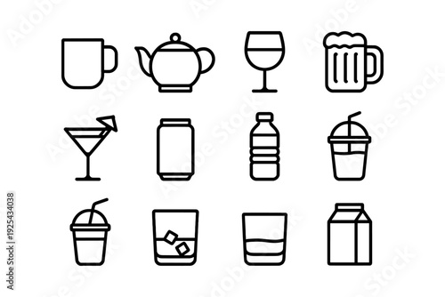 Minimalist beverage icons: coffee, tea, wine, and more in line art style