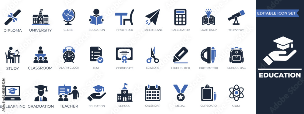 Fototapeta premium Education solid icon set for school, online learning, teacher, student, university, graduation, book, and creative study vector elements.