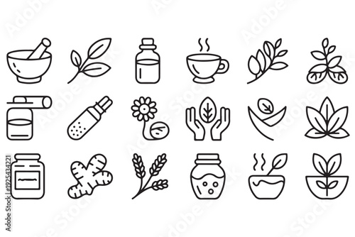 Herbal medicine and natural remedy icons featuring mortar and pestle organic leaves essential oils ginger and herbal tea for aromatherapy