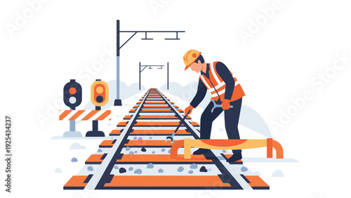 Railway Worker Inspecting Train Tracks.