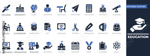 Education solid icon set for school, online learning, teacher, student, university, graduation, book, and creative study vector elements.
