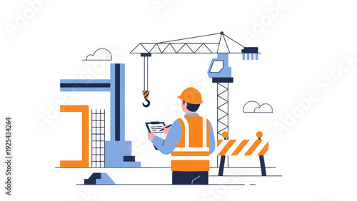 Construction Worker with Crane and Blueprint.