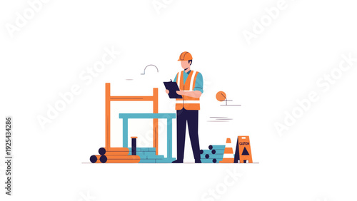 Construction Worker with Safety Vest and Hard Hat.