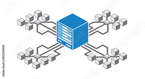 Isometric illustration of a central server connected to multiple distributed data units, representing cloud computing, network infrastructure, and data storage technology.