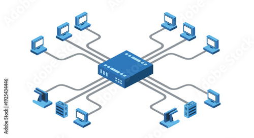 Computer network diagram showing a central hub connecting multiple devices like computers, servers, and routers in a star topology.