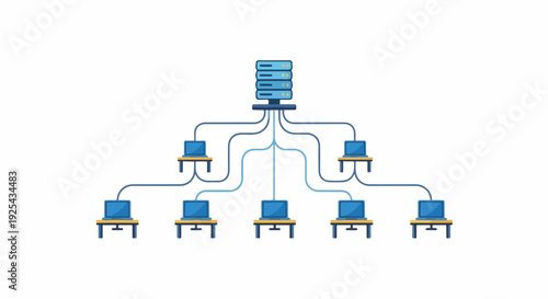 Computer network diagram showing a central server connected to multiple workstations in a hierarchical structure