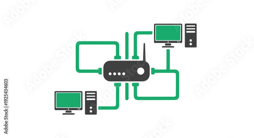 Network router connecting multiple computers and devices in a digital network diagram