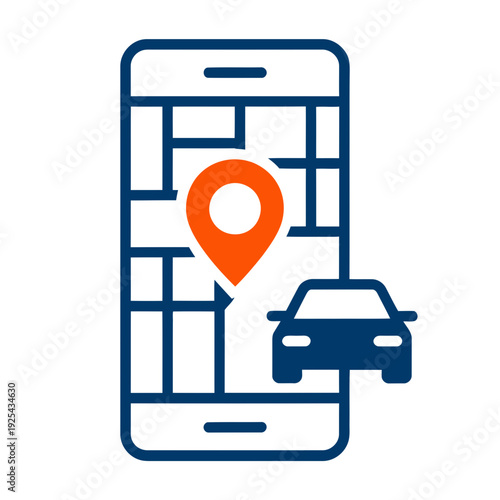 A smartphone displays a map with a car icon and location pin