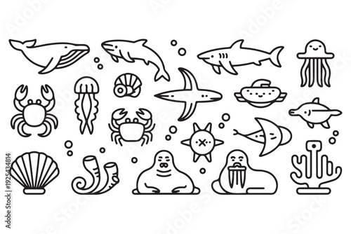 Marine life and sea creatures icons, featuring whales, sharks, jellyfish, crabs, and shells in a clean outline style