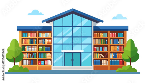 Modern public library building with glass facade and bookshelves vector illustration