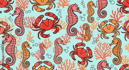 Cute seahorse and crab pattern with coral and bubbles.