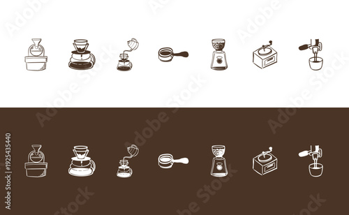 Coffee machine and stuff icon in cafe vector set