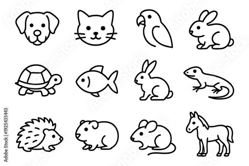 Cute animal outline icons set featuring pets and wildlife in simple linear style