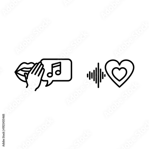 Vector icons of a speaking mouth with music note and waveform with heart shape, representing audio communication and emotional connection.
