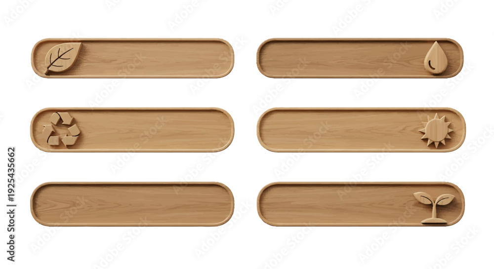 Obraz premium Wooden plaques with environmental symbols representing nature and sustainability concepts.