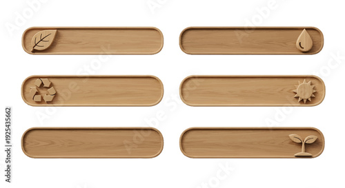 Wooden plaques with environmental symbols representing nature and sustainability concepts.