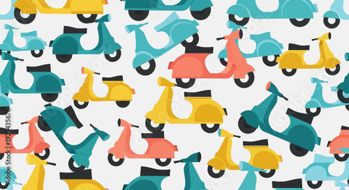 Seamless pattern of colorful retro scooters in flat design style.